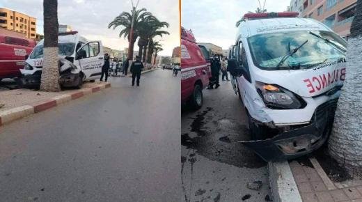 اصطدام سيارة إسعاف بنخلة في حادثة سير خطيرة بشارع محمد الخامس ببركان كادت أن تودي بحياة السائق والمريض