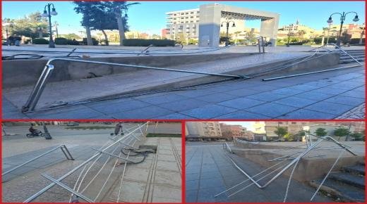 تدمير السياج بمدخل ساحة محمد السادس ببركان يثير القلق بين السكان…!!!